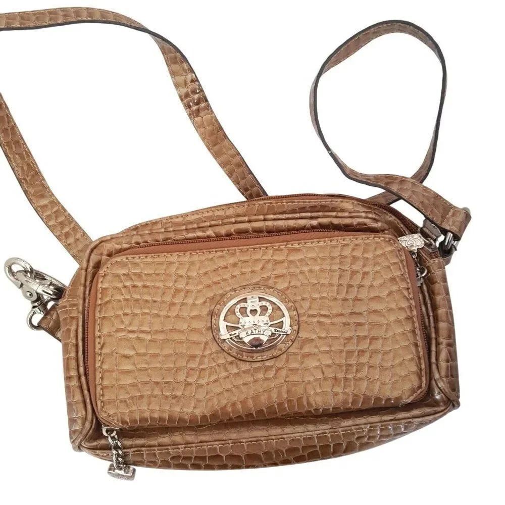 Kathy Van Zeeland Womens Pocketbook Brown Croc Embossed Organizer Bag
